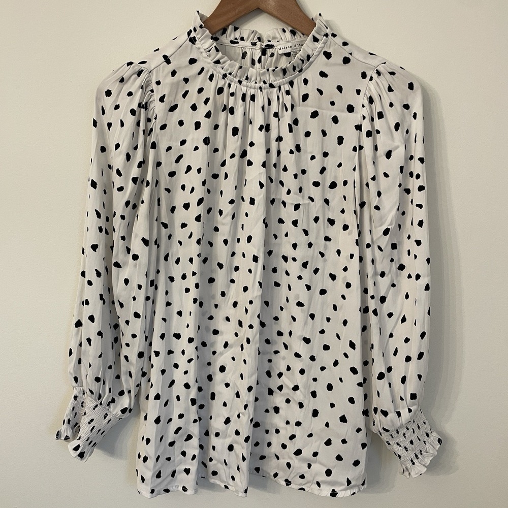 Maison d'Amélie Paris Dalmatian Dot Blouse Large Ruffle Mock Neck Smocked Cuff L - Picture 2 of 16